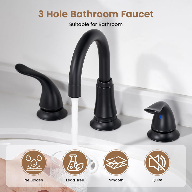 Matte Black Widespread Bathroom Faucet 3 Hole, 8 Inch Adjustable Bathroom Sink Faucet with Pop-Up Drain & Supply Lines, Dual Handle 360° Swivel Spout, Modern Design 1 Pack Matte Black