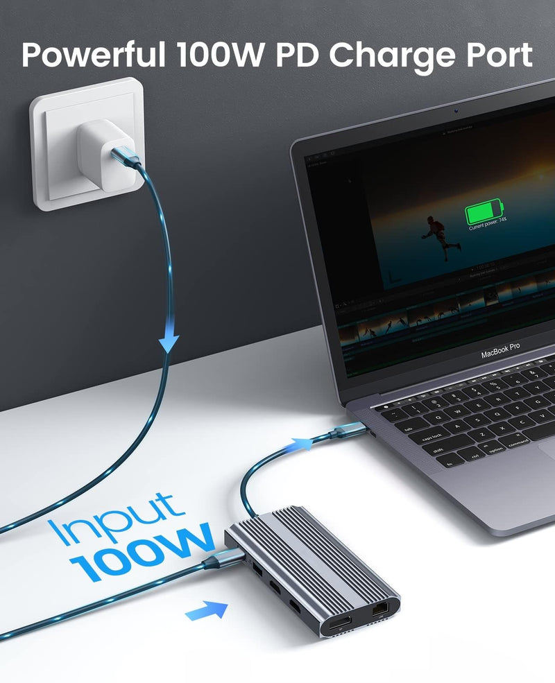 Docking Station USB C to Dual HDMI Adapter, 12 in 1 USB C Hub with Dual HDMI, DP 1.4, 100W PD, Ethernet, 2 USB-A 3.1, 1 USB 2.0, 1 Type-C 3.1, SD/TF, Audio, Compatible for Windows/Mac OS