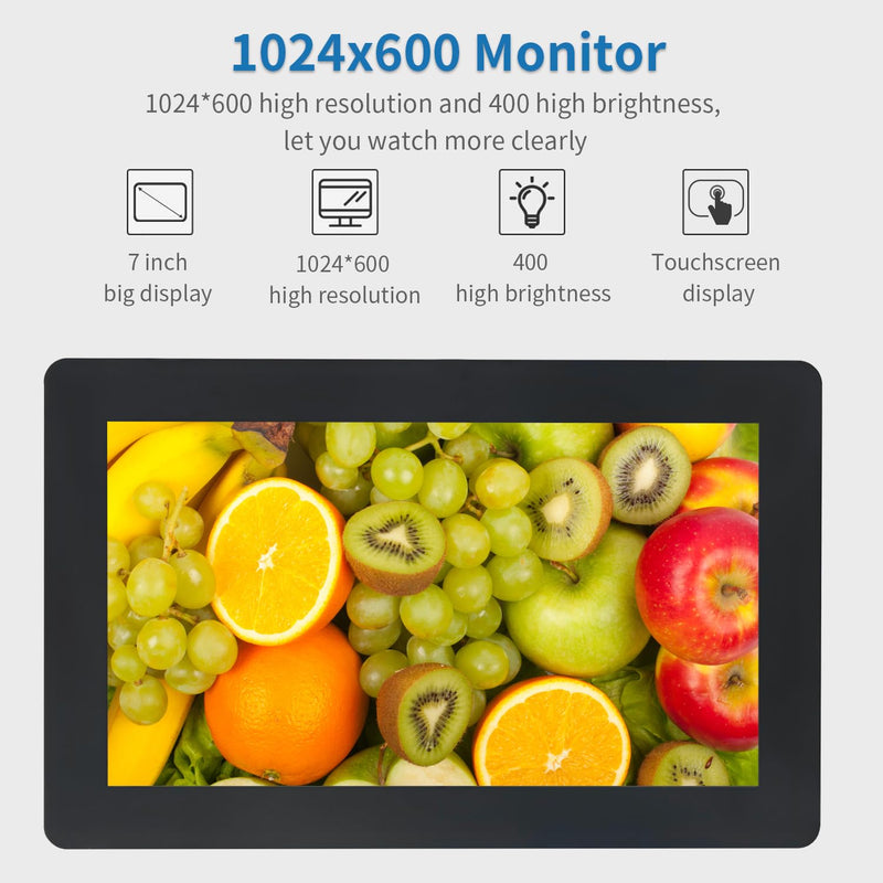 7 inch Touch Security Monitor & Displays, HD/BNC/AV/VGA/USB Input, 1024 * 600 Resolution, Built-in Dual Speakers Portable LCD Touch Monitor, Suitable for Game PC DVD DSLR CCTV 7 inch Touch Monitor S707H