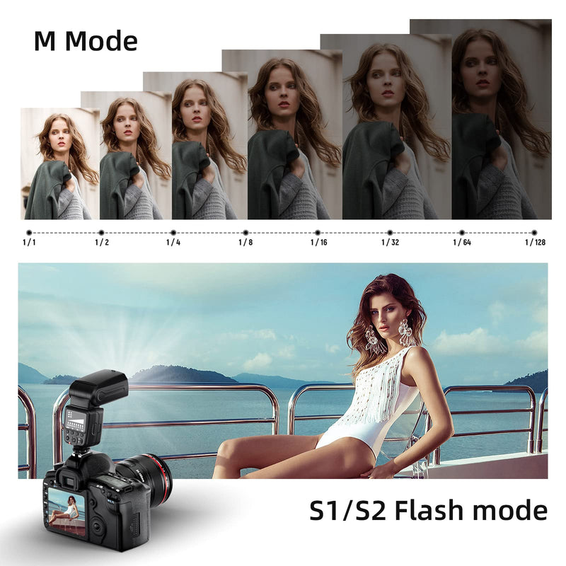 PHOTOOLEX Camera Flash Speedlite FK300, GN33, Manual S1/S2 Wireless | Universal single-contact hot shoe for Canon Nikon Sony Fujifilm Olympus. 8-level power. Metal mount