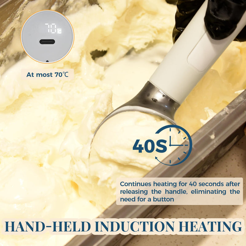 Heated Ice Cream Scoop Rechargeable, Electric Warming Ice Cream Scooper with LED Display, Heats to 158°F for Hard Ice Cream, Easy for Seniors & Kids, IP67 Waterproof (White, 2 oz) White