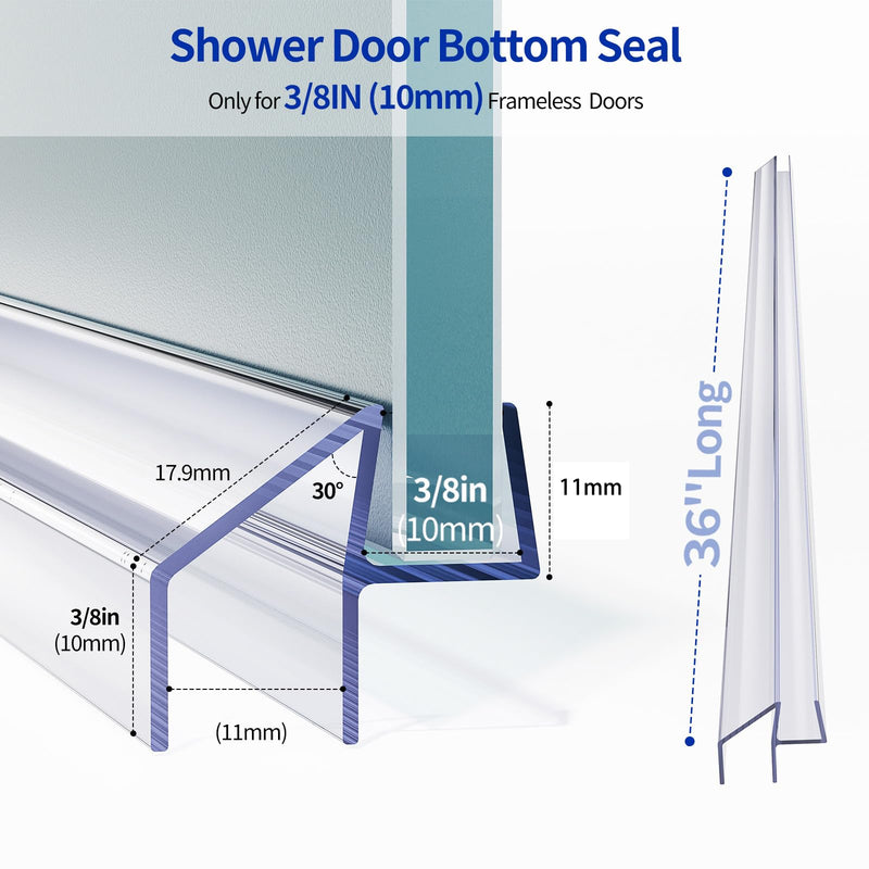 Delamu 3Pack 3/8"(10mm) x 36" Shower Door Bottom Seal, Clear Shower Door Sweep Strip, Frameless Glass Shower Door Seal Strip for 3/8'' Thick Doors 36in Long For 3/8in (10mm)