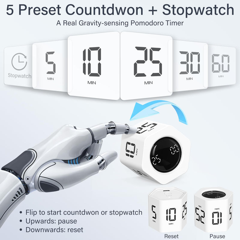 Rotating Pomodoro Timer 5, 25, 10 30,60 Mins Preset Stopwatch, Desk Flip ProductivityTimer, ADHD Tool Hexagon, Vibration/Mute/Alarm, for Work, Study, Back to School, Kitchen, White 1