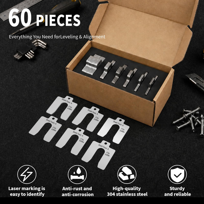 60PCS 304 Stainless Steel Shim Kit, 2" x 2" Slotted Assortment Box | 6 thicknesses for precise leveling, spacing, and alignment in machinery, repair, and installation tasks 2 x 2 inches 60