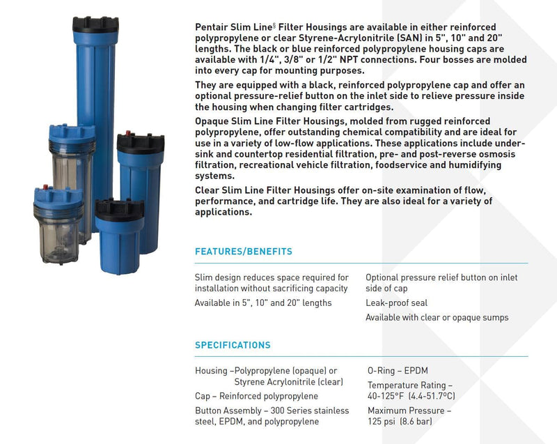 Pentair Pentek 158008 Traditional Slim Line Filter Housing, 3/8" NPT #10 Under Sink Clear Water Filter Housing, 10-Inch, Clear Single Unit Standard