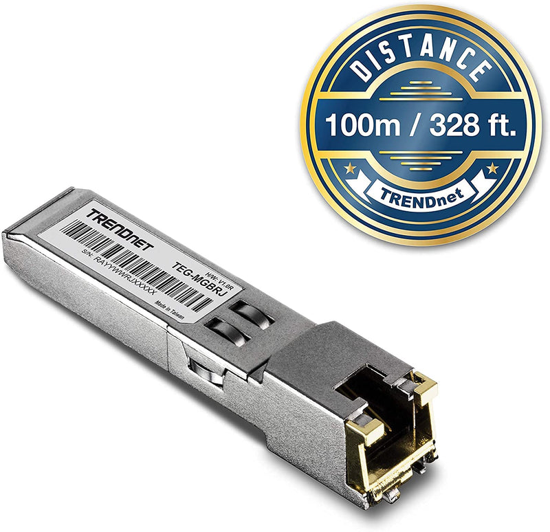 TRENDnet SFP to RJ45 1000BASE-T Copper SFP Module, TEG-MGBRJ, 100m (328 Ft.), RJ45 Connector, Hot Pluggable, Supports Data Rates Up to 1.25Gbps, IEEE 802.3ab Gigabit Ethernet, Lifetime Protection