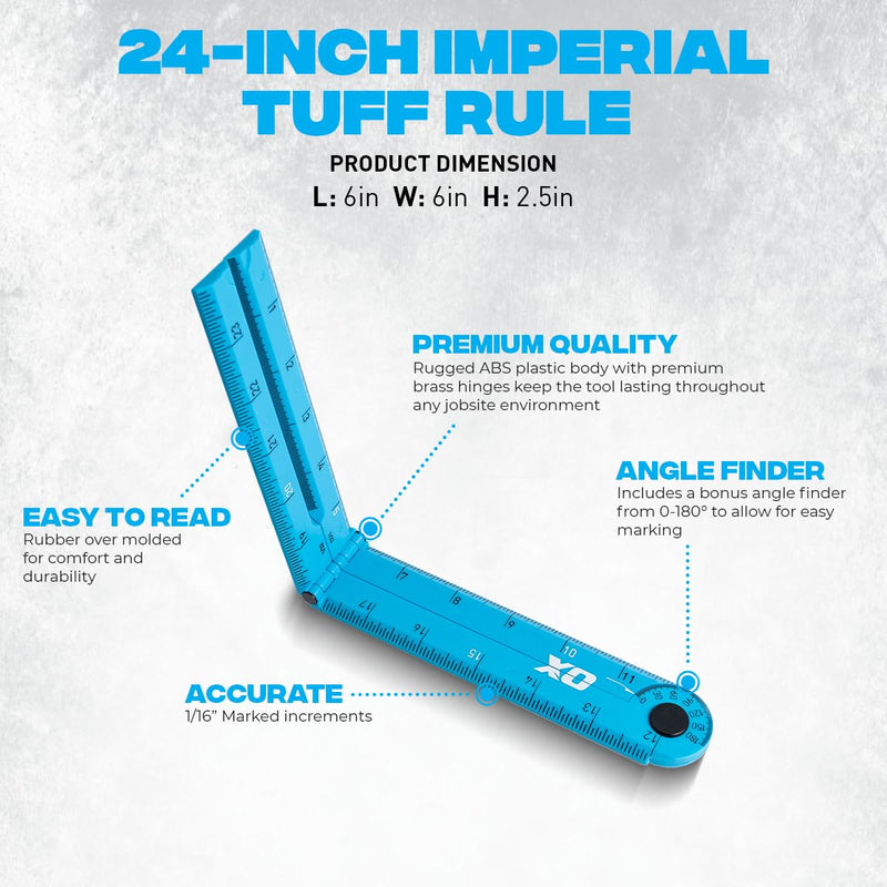 OX Tools Pro 24 Inch Cyan Imperial Tuff Construction Ruler with 3 Quick Measure Sections & Easy Angle Finder
