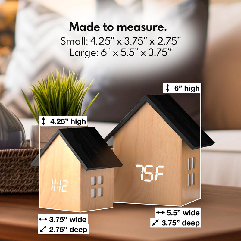 Driini Digital House-Shaped Alarm Clock with Temperature Display (Light Wood) – Modern Aesthetic - Cute Cube Frame and White LED Dimmer - Perfect Small Desk Clock for Bedside Table or Bedroom Mantle Light Wood; Black Roof