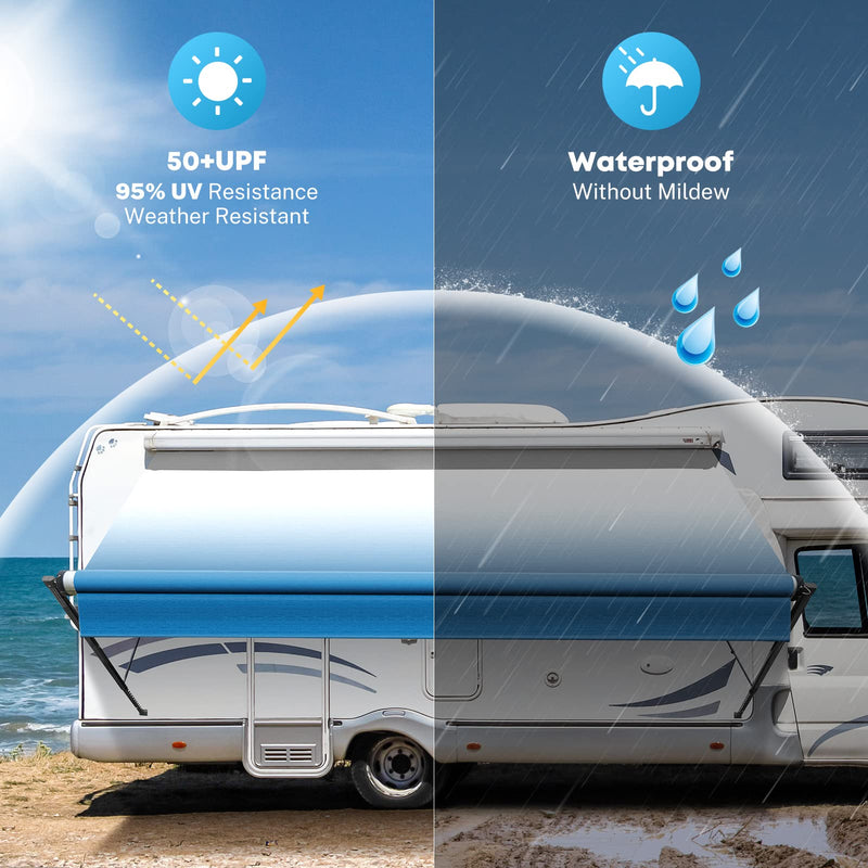 Kohree 18' Rv Awning Fabric Replacement, Camper Trailer Awning Replacement 19oz Weatherproof Heavy Duty Anti-Fading with Pull Strap, Outdoor Canopy for Motorhome, Blue Fade, (Fabric 17'2") 18' (Fabric 17'2")