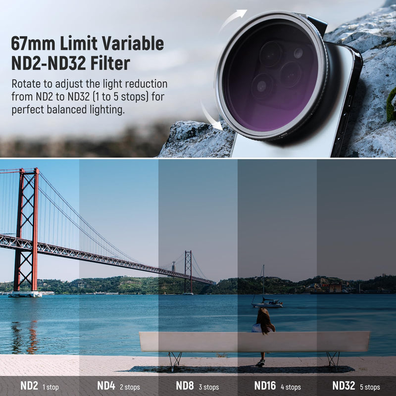 NEEWER 67mm Clip On Variable ND2-ND32 Phone Lens Filter Kit, Phone Clip with Threaded Adapter Ring/Cold Shoe/Locking Knob, HD Variable ND Filter for iPhone 15 Pro Max 14 13 Galaxy S22 S23 S24 Ultra