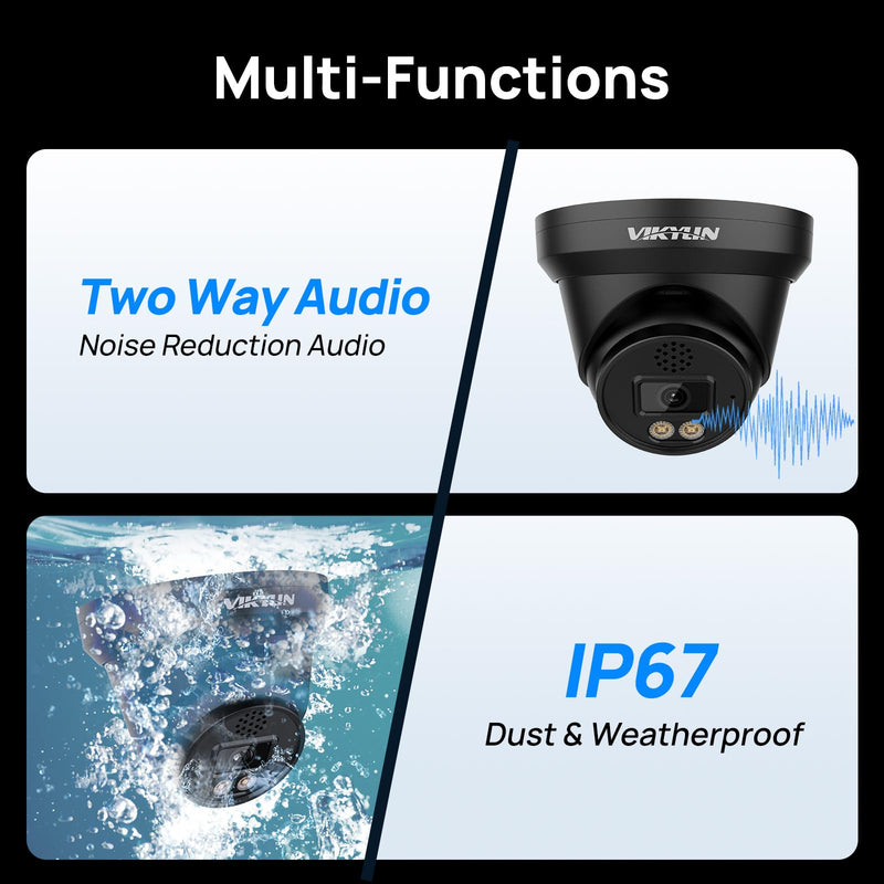 VIKYLIN 4K 8MP Full Color PoE IP Camera, Outdoor 4K PoE Turret Camera with AI Human/Vehicle Detection, 2 Way Talk,2.8mm Lens,F1.0 Aperture,98ft Color View Night Vision,IP67,Blue Iris,NDAA,2387C Black Color AI Camera / Black