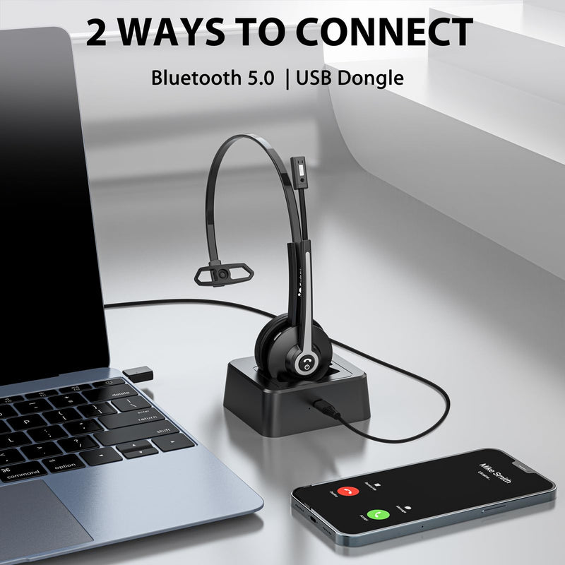Earbay Trucker Bluetooth Headset, Wireless Headset with Mic for Work Noise Canceling & USB Dongle, Bluetooth Headphones with Microphone Mute & Charing Dock for Trucker/Meeting/Remote Work/PC/Office Black&Silver