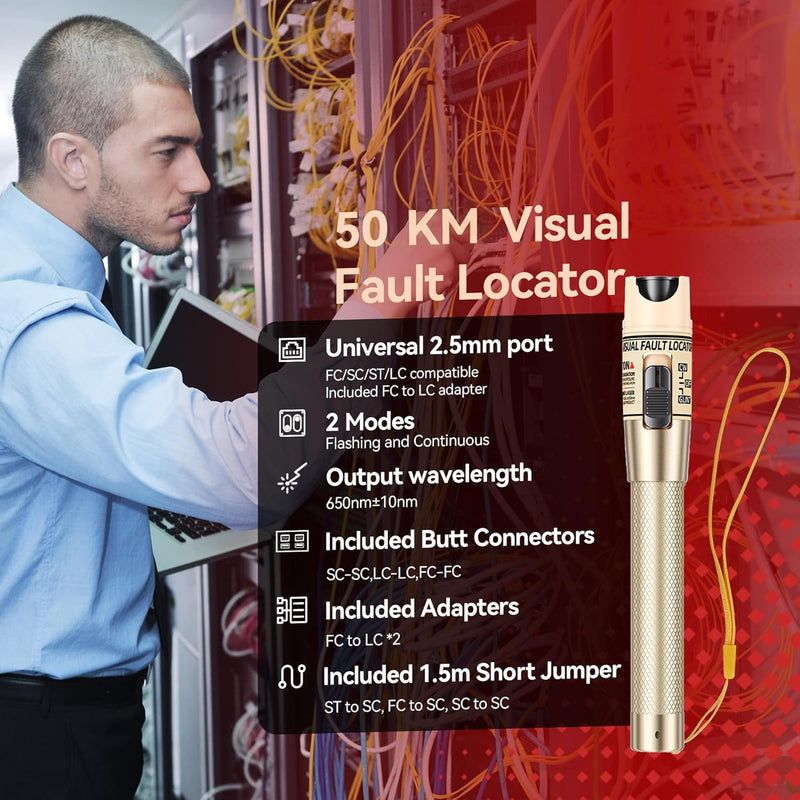 Visual Fault Locator Kit - 50KM Range Fiber Optic Cable Tester Tool Kit Red Light Pen Tester with 2.5mm Universal Connector 2pcs FC-LC Adapters 1pc LC/SC/FC Coupler 3 x 1.5m Patch Cords RAINLEOTI VFL-50
