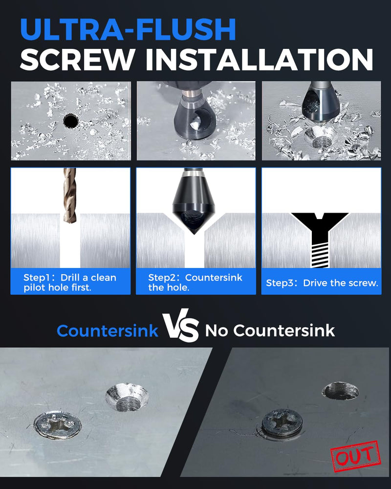 COMOWARE 4pcs TiAIN Coated Chamfer Tool M35 Chamfer Bit 90-Degree Countersink Drill Bit Set for Wood & Metal, Heavy Duty Countersink Bit SAE 1/4"-3/4", 2-5, 5-10, 10-15, 15-20mm M35 1/4"~1"