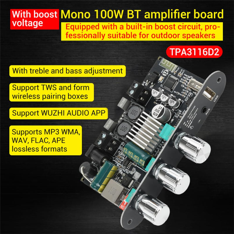 ZK-1001U Mono Amplifier Board, Bluetooth 5.3 100W TPA3116D2 Audio Amp Module with TWS, Treble Bass Control, USB AUX Input, DC 9-24V for Car DIY Home Outdoor Speakers