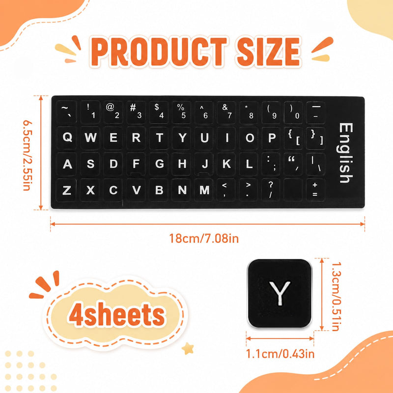 Universal Keyboard Letter Stickers, 4 Pcs English Laptop Keyboard Stickers | Replacement Keyboard Stickers for Keys with Black Background and White Lettering for Laptops Desktop Computers