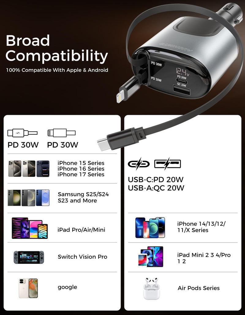 Retractable Car Charger 100W, Phone Charger USB C Fast Charging, 4 in 1 | Cigarette Lighter Adapter for iPhone 17 16 15 14 13 12 11 Samsung Pixel, Travel Essentials Car Accessories Gifts for Him Her