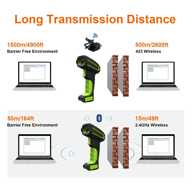 Alacrity 2D Industrial Wireless Barcode Scanner with Charging Stand, Bluetooth Drop Resistant, 1968 Feet Transmission Distance 433Mhz QR 1D Bar Code Reader Green