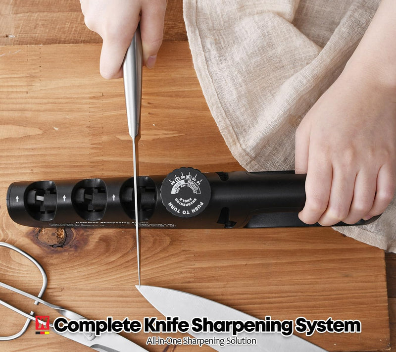 Handheld Knife & Scissors Sharpener with Adjustable Sharpening Angle Controller, Sharpens Kitchen Knives & Pocket Knife, Non-Slip Bottom Pad (Tungsten + Emery + Ceramic + Scissors Slot)