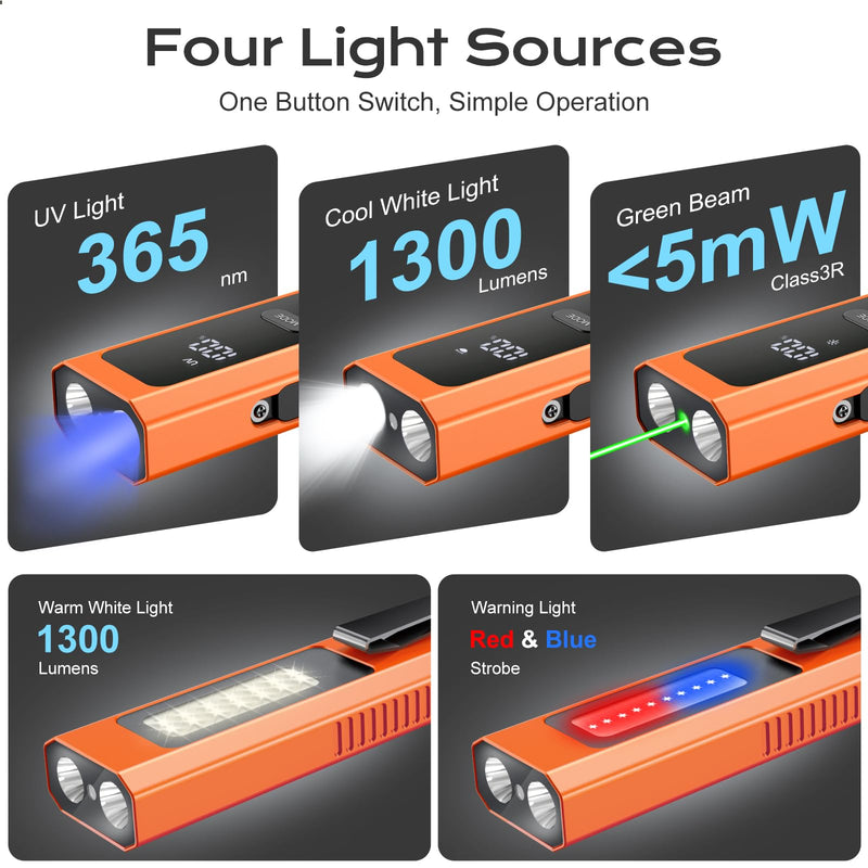 EDC Flashlight 4 in 1 Pocket Magnetic Slim Flat Flashlight High Lumens Work Light with Green Beam & UV Light & Warning Light Combo EDC Rechargeable LT-010 (Orange Color) Orange