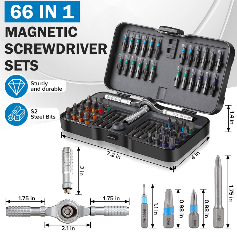 66 in 1 Magnetic Screwdriver, Ratchet Screwdriver Set, S2 Steel Bits with Ratchet T Handle Multi-Bit Tool Set for Furniture Assembly, Appliance Repair 66 in 1