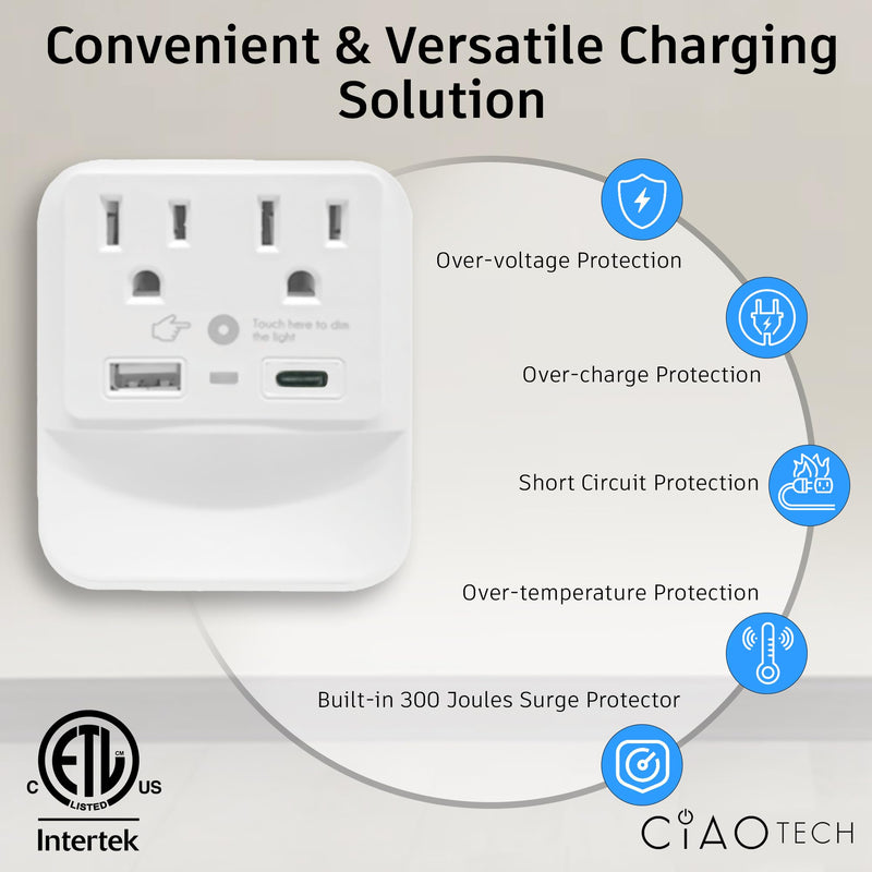 2 Outlet Extender with 1 USB-A & 1 USB-C with White Led Light - Multi Plug Outlet with 300 Joules Surge Protector - Multipurpose USB Outlet with 2.4A Fast Charging (White) 2 Outlet Extender with 1 USB-A & 1 USB-C