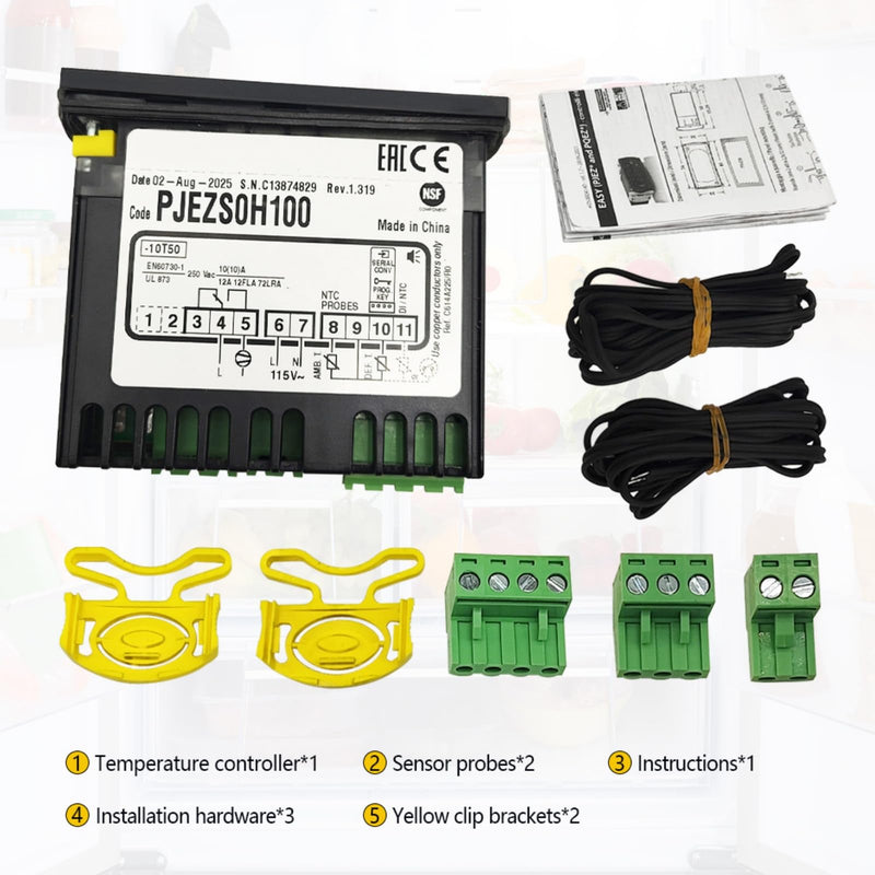 Temperature Controller PJEZS0H100 Compatible with Carel and All Refrigerator Types, 115V Digital Thermostat with Temperature Sensor Probe, Mounting Hardware and Instructions