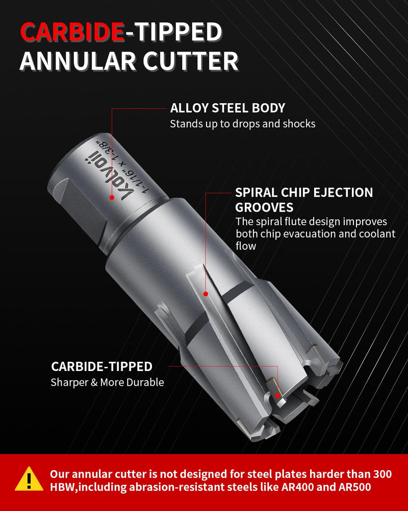 Kolvoii Carbide-Tipped Annular Cutter, 11/16" Diameter x 1-3/8" Depth, 3/4" Weldon Shank (2 Flat) TCT Mag Drill Bit for Stainless Steel, Cast Iron, Hard Steel, High-Speed Cutting with Pilot Pin 11/16" x 1-3/8"