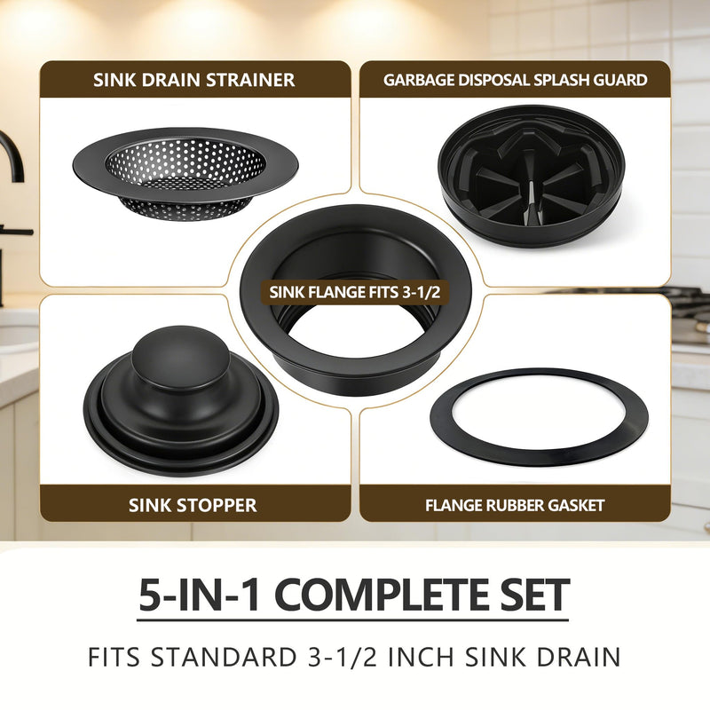Garbage Disposal Flange 5-Piece Kit, 3.5" Putty-Free Leak-Proof Sink Stopper by UHOUSING Matte Black
