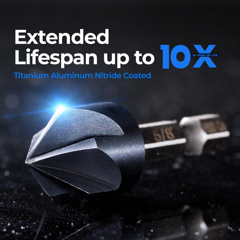 toolant Noir-Ti Cobalt Countersink Drill Bit Set(Pro), Titanium Aluminum Nitride Coated with Quick Change Hex Shank, 5-Piece 1/4" - 3/4" 1/4 - 3/4 in, 5 Pieces