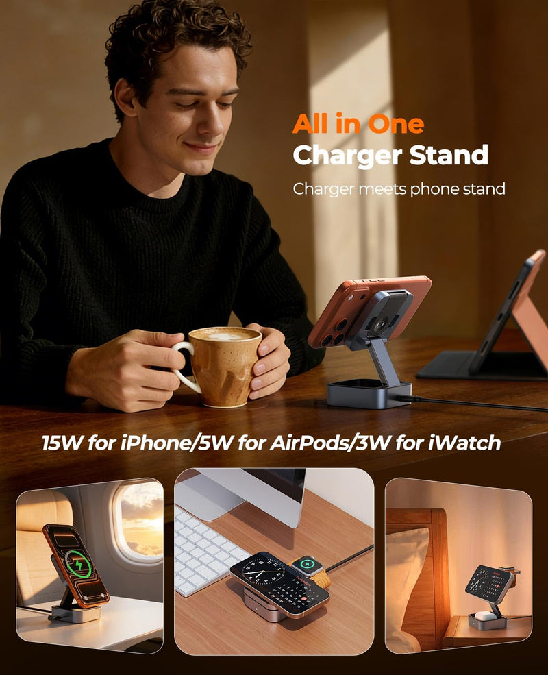 3 in 1 Wireless Charging Station for Apple Multiple Device, MagSafe Charger | Foldable Travel Compact, Charger Stand with 20W PD Adapter for iPhone 17/16/15/14/13, Apple Watch, AirPods Pro/4 - Space Grey