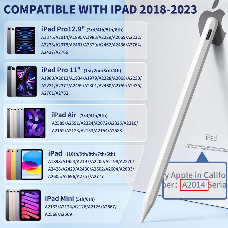 iPad Apple Pencil 9th&10th Generation, Fast Charge Stylus Pen for iPad Palm Rejection and Tilt Sensitivity, Compatible with iPad Pro 11/12.9in, iPad Mini 5/6, iPad 6/7/8/9/10, iPad Air 3/4/5 (White) White
