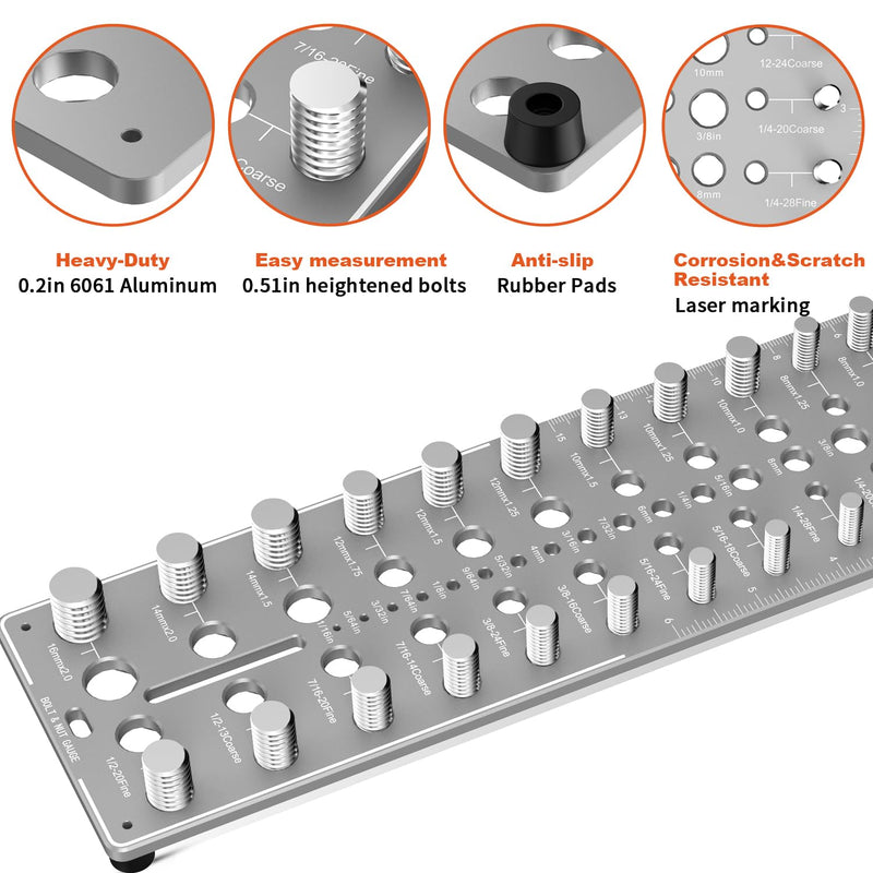 51-in-1 Bolt Size Finder & Thread Checker, 32 Metric & 32 SAE Nut and Bolt Thread Gauge with 19 Drill Bit Checker, CNC-Machined Aluminum Screw Size Chart, Go/No-Go ANSI Standard, Non-Slip Base