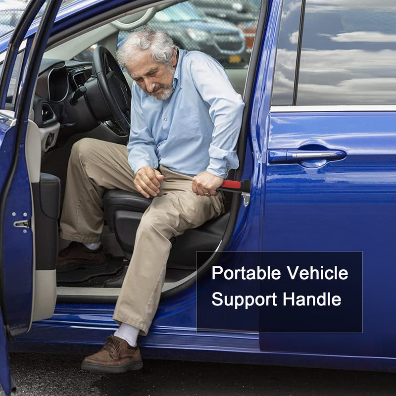 Versatility Auto Cane Vehicle Support Handle for Elderly and Handicapped Portable Automotive Door Assist Handles with LED Light, Seatbelt Cutter, and Window Breaker Red Old