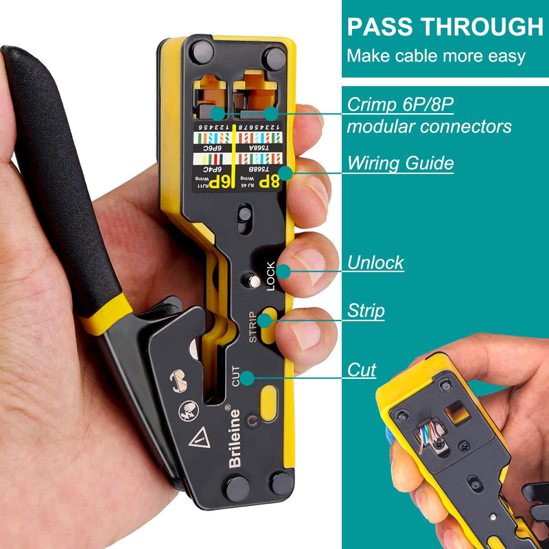 Brileine RJ45 Crimp Tool Pass Through Kit Ethernet Crimper Cat5 Cat5e Cat6 Crimping Tool for RJ11/RJ12 6P/8P with Network Lan Cable Tester, 50PCS Cat6 Connectors, 50PCS Boots, Mini Cable Stripper Crimper Kit-Yellow