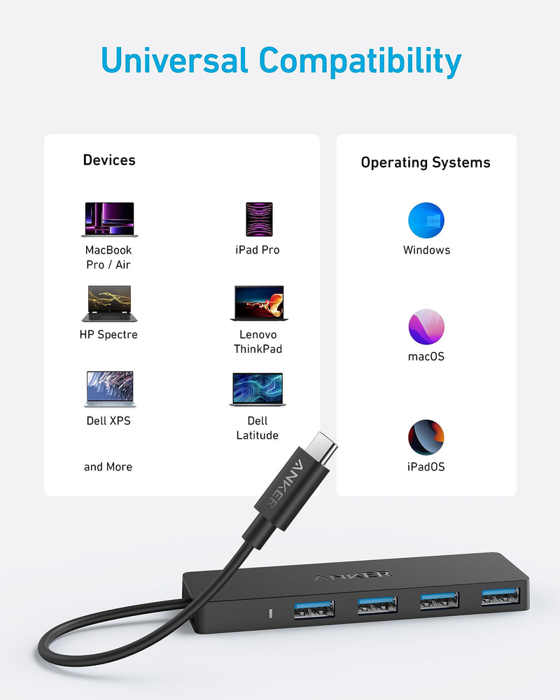 Anker 4-Port USB 3.0 Data Hub - 5Gbps Transfer Speed, 0.7ft Cable for MacBook, iMac, Surface, HDDs 0.7 ft USB-C