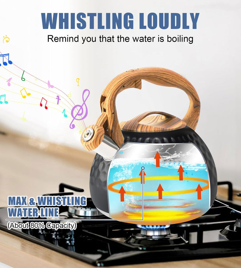 Tea Kettle Stovetop, 3.2 Qt Stainless Steel Whistling Kettle for Stove Top, Food Grade Teapot with Wood Pattern Handle for Coffee, Milk etc, Gas Electric Applicable (Black) Black