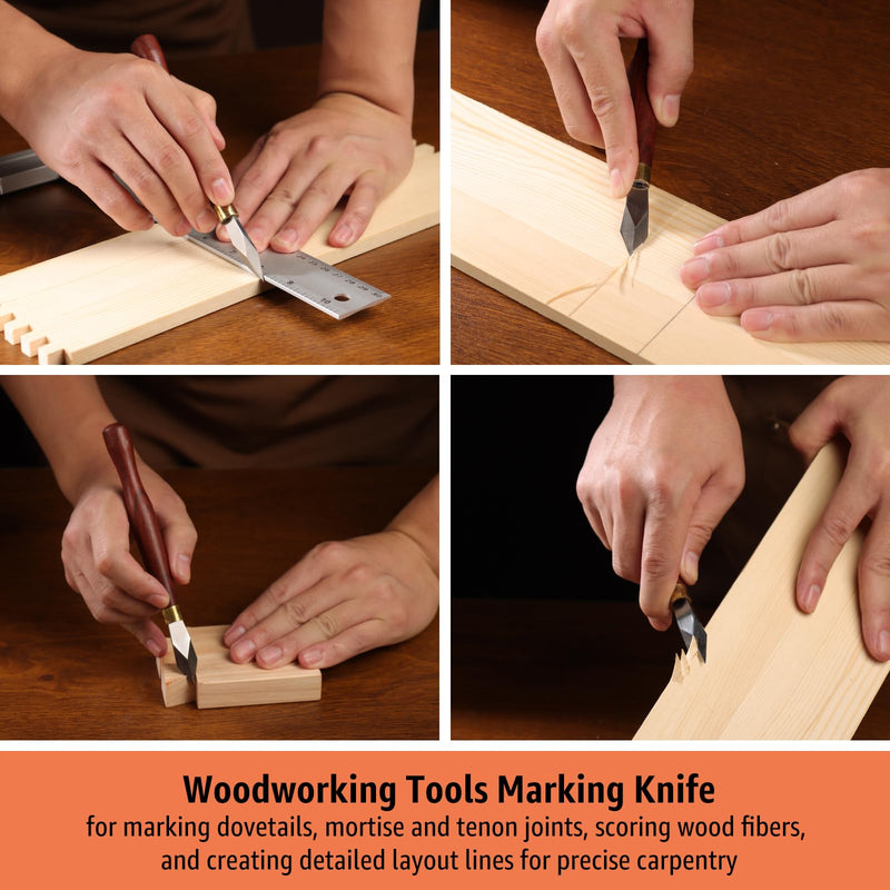 Woodworking Marking Knife, Precision Dovetail Layout Scriber Tool | 7.09-inch Double Bevel High Carbon Steel Blade, Ambidextrous Ebony Handle with Leather Sheath