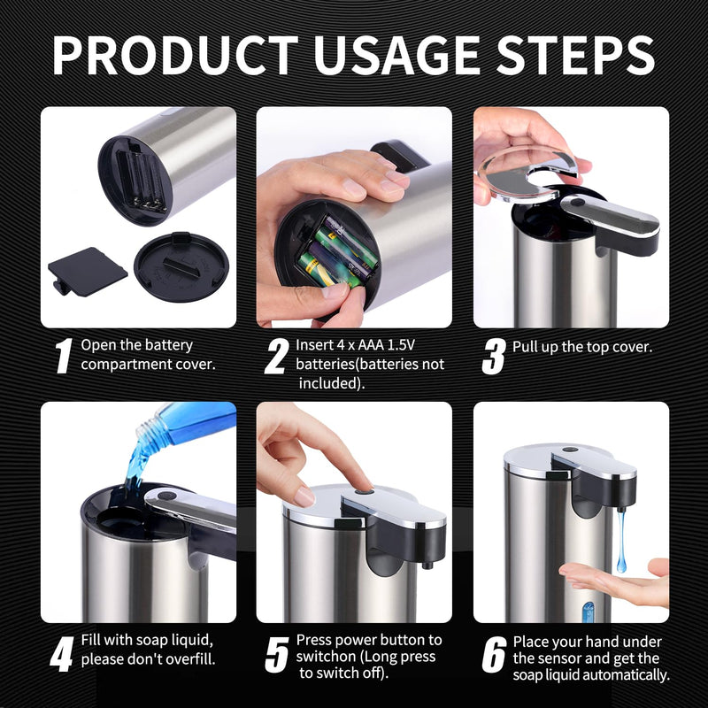 Automatic Soap Dispenser, Automatic Soap Dispenser Touchless, Kitchen & Bathroom, 3 Adjustable Volume for Liquid Soap, Water-Resistant, Hotel, Restaurant and School, Clog-Free, Stainless Steel