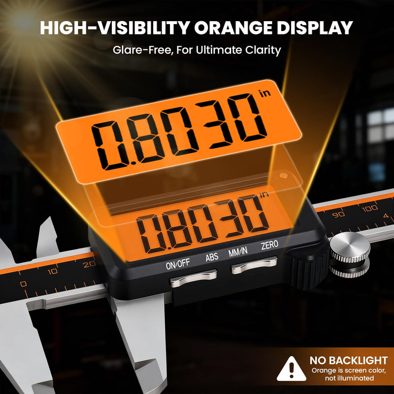 HARDELL Digital Caliper, Rechargeable Calipers with Large Orange Screen, Anti-Glare LCD & ABS Function, in/MM Caliper Measuring Tool, Stainless Steel Micrometer -Auto Off for DIY/Household (6 Inch)