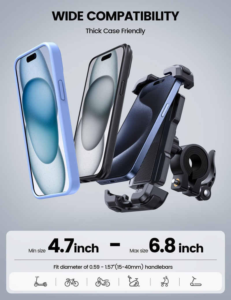 Lamicall Bike Phone Mount Holder - Motorcycle Phone Mount, Adjustable Cell Phone Holder, Bicycle Scooter Handlebar Cradle Clip for iPhone Air 17 Pro Max/ 16 Plus, 15 Plus, iPhone 14 and 4.7-6.8" Phone Black