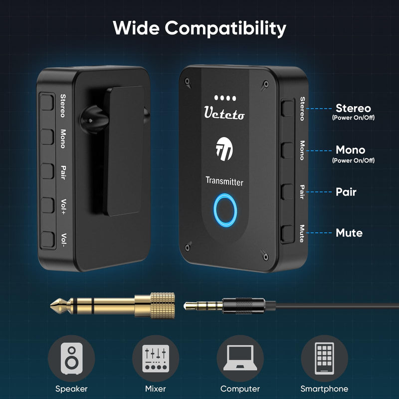 Ueteto Wireless in Ear Monitor System 2.4G Stereo IEM System with Transmitter Beltpack Receiver Automatic Pairing, for Studio, Band Rehearsal, Live Performance Transmitter and Receiver-NEW