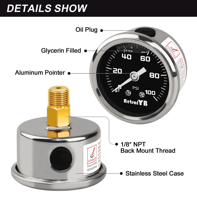 0-100 Psi Fuel Pressure Gauge, 1-1/2" Dial Size, 1/8" NPT Back Mount, Glycerin Liquid Filled, Stainless Steel Case, Inline Low Pressure Gauge, for Water Oil Air Pressure Test 0-100PSI