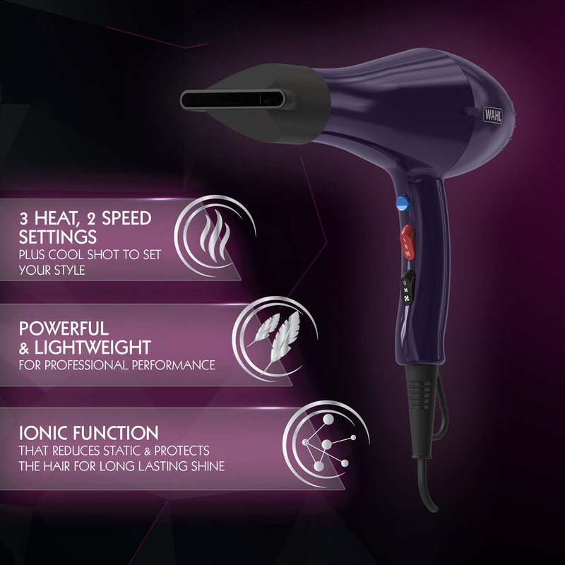 Wahl Ionic Style Hairdryer in Purple, Hairdryers for Women, Hair Dryer with Attachments, Adjustable Temperature, Three Heat Settings, Two Speed Settings, Fast Drying