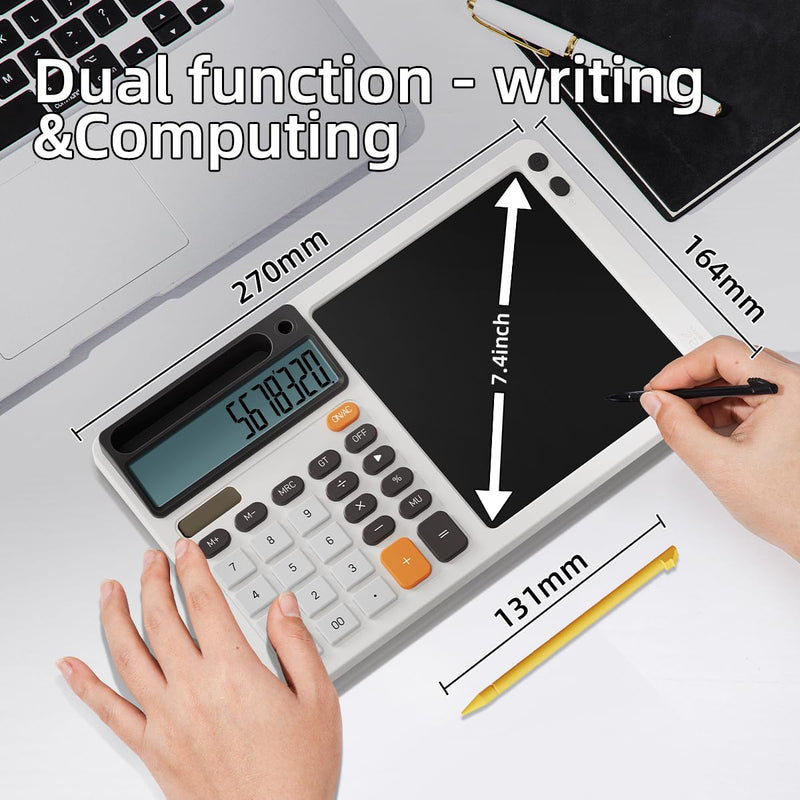 Solar Calculator with 7.5 inc LCD Writing Membrane, 15° Tilt for Easy Reading, Integrated Phone Stand, Voice & Silent Modes, Anti-Slip Pads for Stability, Ideal for Office & Study Use (White)