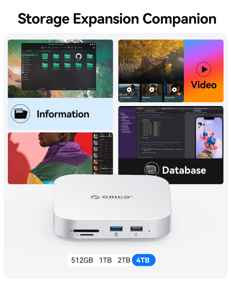 ORICO MiniMate SE Mac mini M4 512GB Storage & Docking Station, External SATA SSD (Non-Removable) 5Gbps(480MB/s), USB A*4, USB-C, SD/TF 3.0, 3.5mm Audio, Includes 2 Cables – M4SE