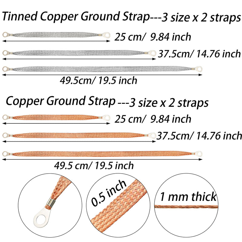 TOPZEA 12 Pcs Universal Automotive Ground Strap, 10/15/20 Inch Braided Copper & Tinned Copper Engine Ground Strap Kit, Automotive Grounding Cable Straps with Terminal Rings for Most Car, Truck, RV