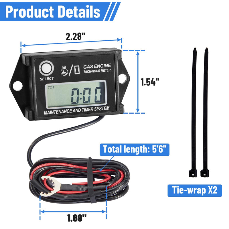 CarBole Digital Hour Meter Tachometer, Small Engine Hour tachomete, RPM Gauge Meter for Lawn Mower Skis Dirt Bike Boat Marine Snowmobile Generator and Gas Engine