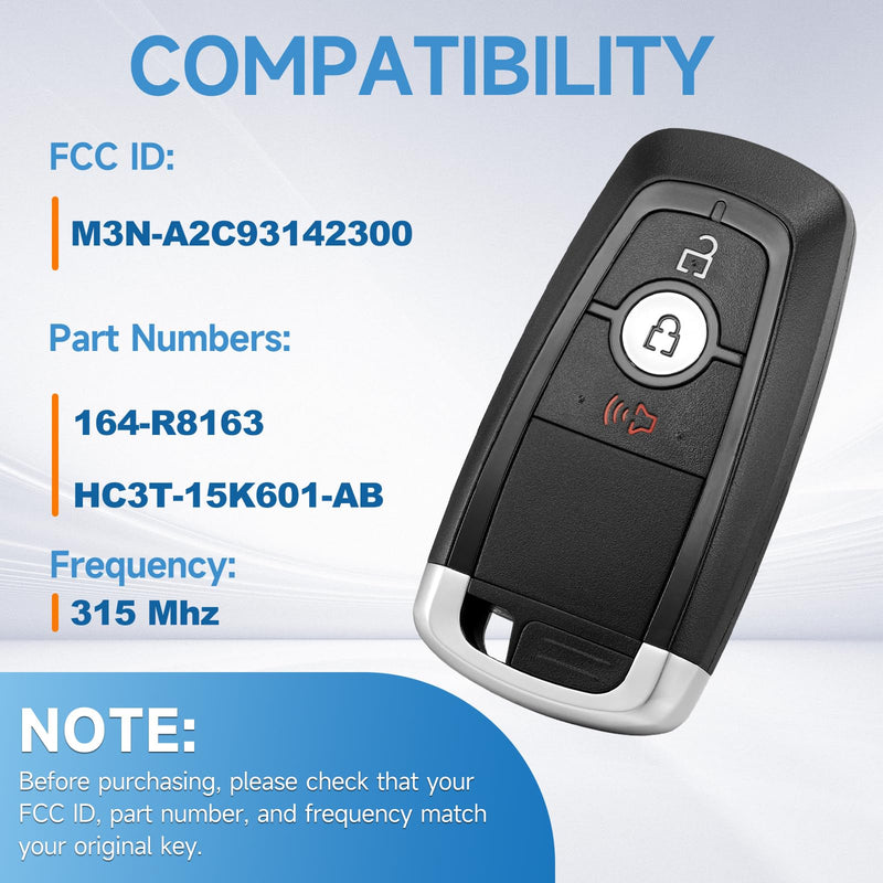 Smart Key Fob Replacement Remote fits for Ford Ecosport 18-23,Explorer 18-22,F-150 18-24,Edge 17-22,F450 F550 17-24,Bronco 21-22,Escape 20-23,Fusion 17-21,Ranger 19-23 Car Keyless Entry Remote 315Mhz
