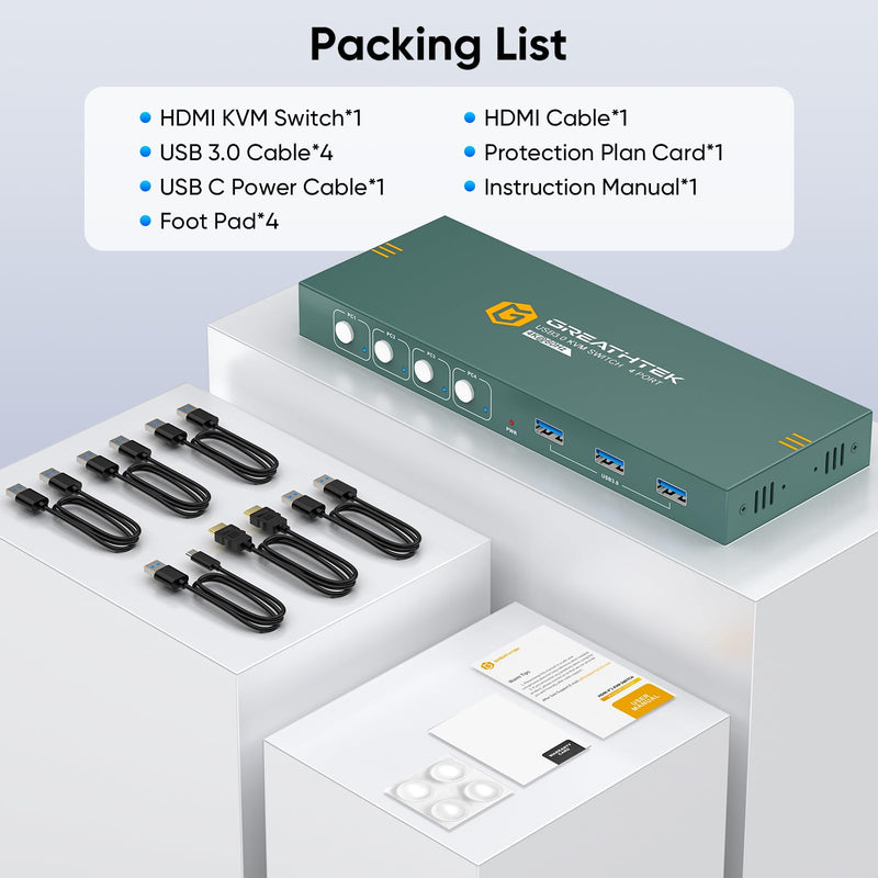 USB3.0 KVM Switch HDMI 4K@60Hz for 4 Computers Share 1 Monitor, KVM Switch 4 Port with 3 USB 3.0 Ports Share Keyboard Mouse, Support Button Switch, Plug and Play USB3.0+4 IN 1 OUT